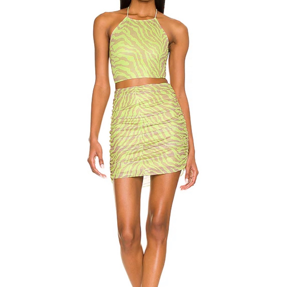 Superdown Cierra Ruched Lime Zebra Print Two-Piece Skirt Set